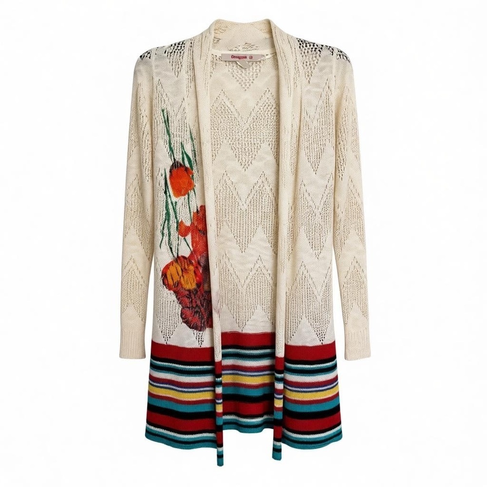 Desigual Open Knit Tulip Cardigan Sz XS Boho Artsy Whimsical Hippie Chic Vibrant